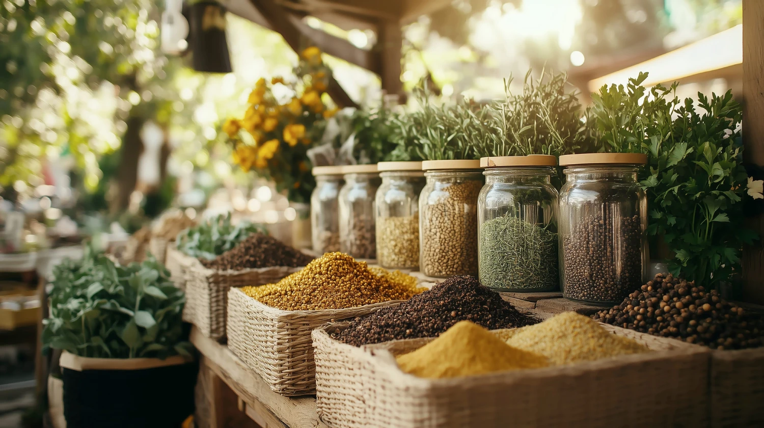Assortment of spices and herbset stall, closeup view