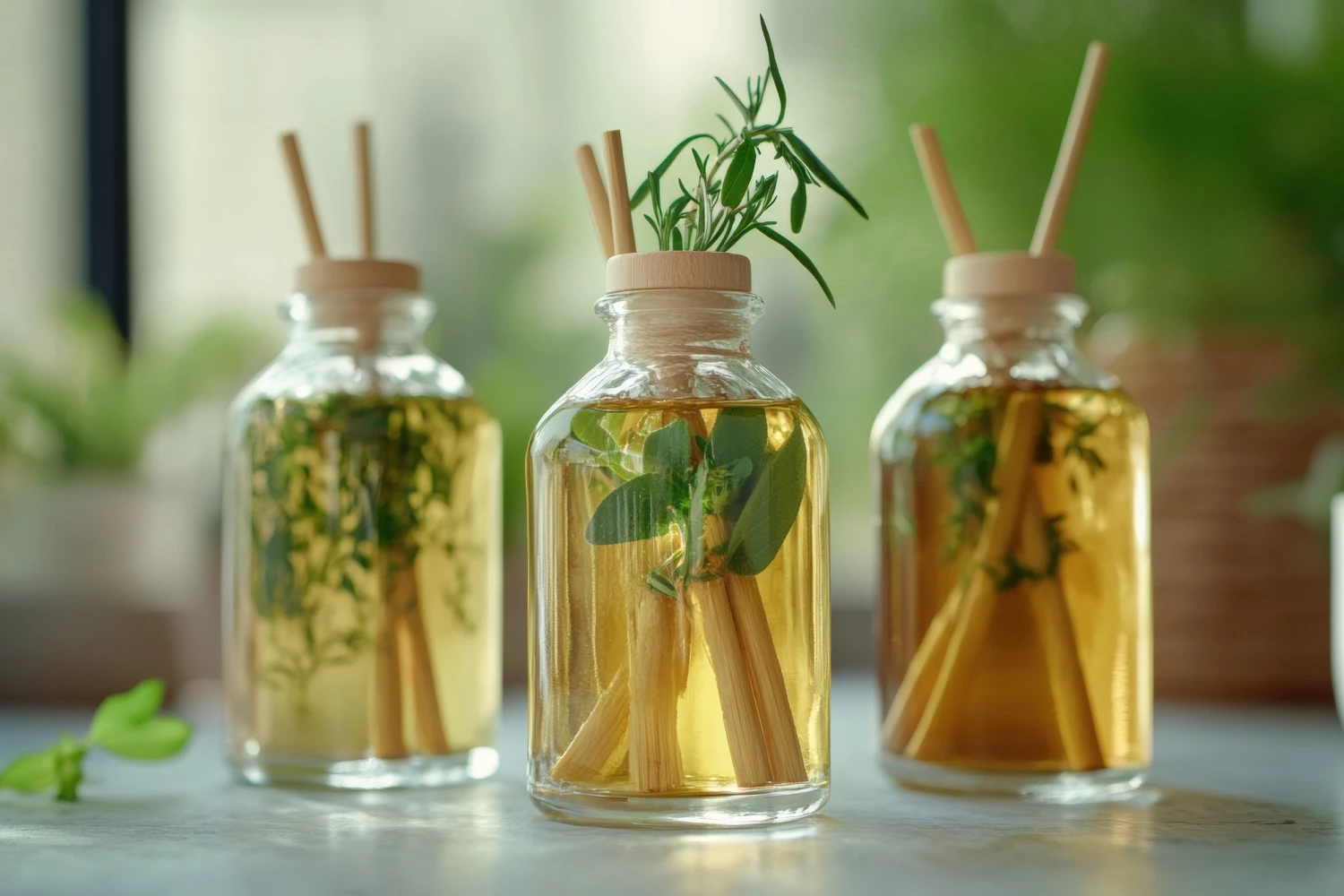 Glass bottles of organic oils with bamboo sticks and fresh herbs.
