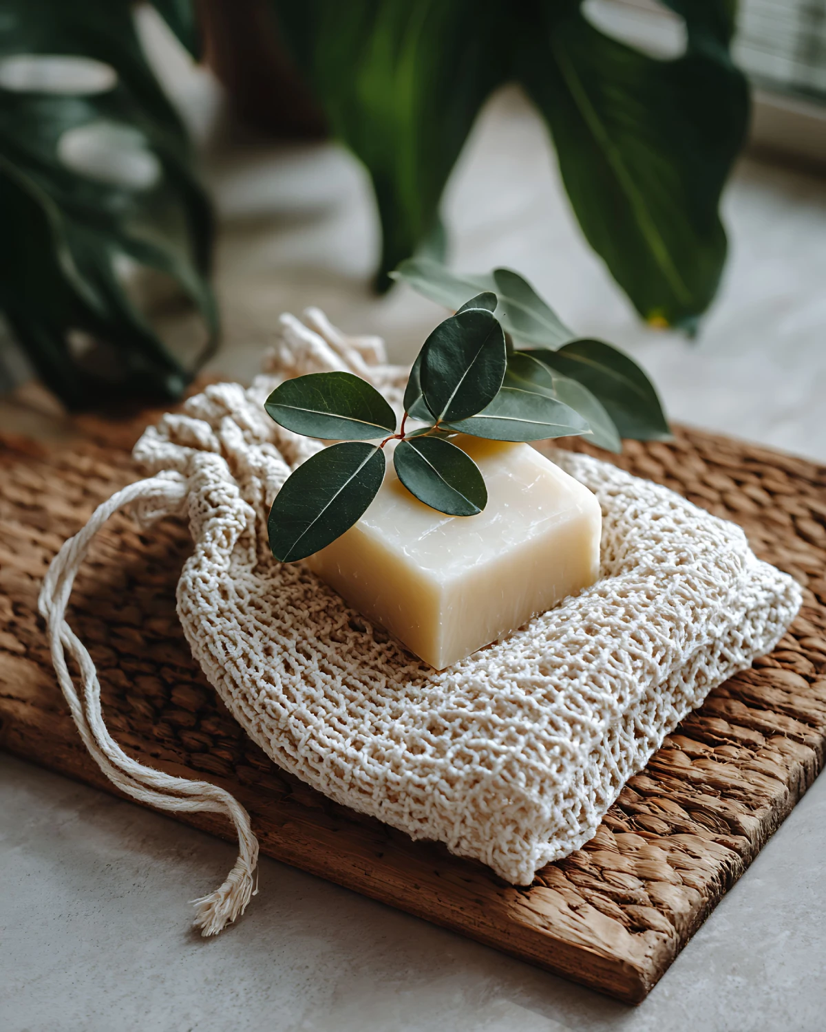 Handmade soap with eucalyptus leaves on wooden board